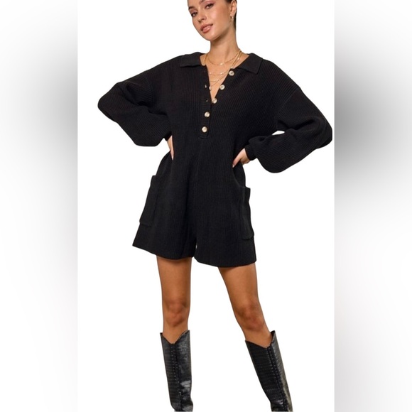 Women’s Black Knit Button Down Romper - Picture 4 of 4